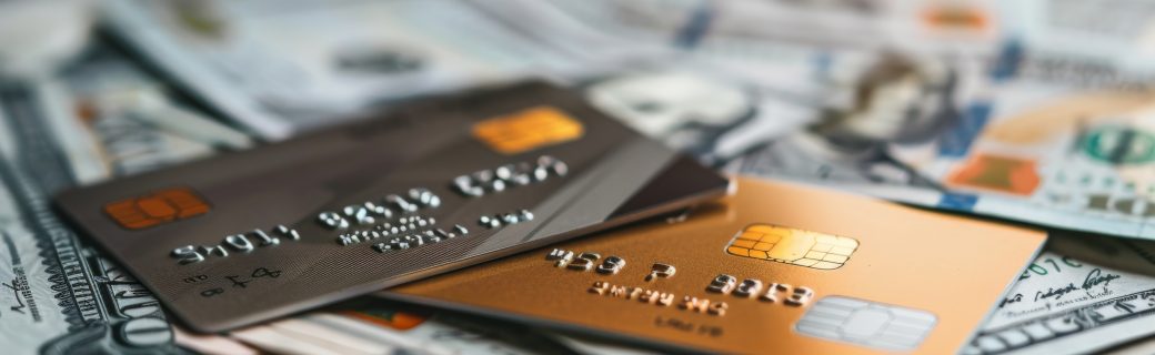 Close-up of a credit card on top of a pile of money and financial papers